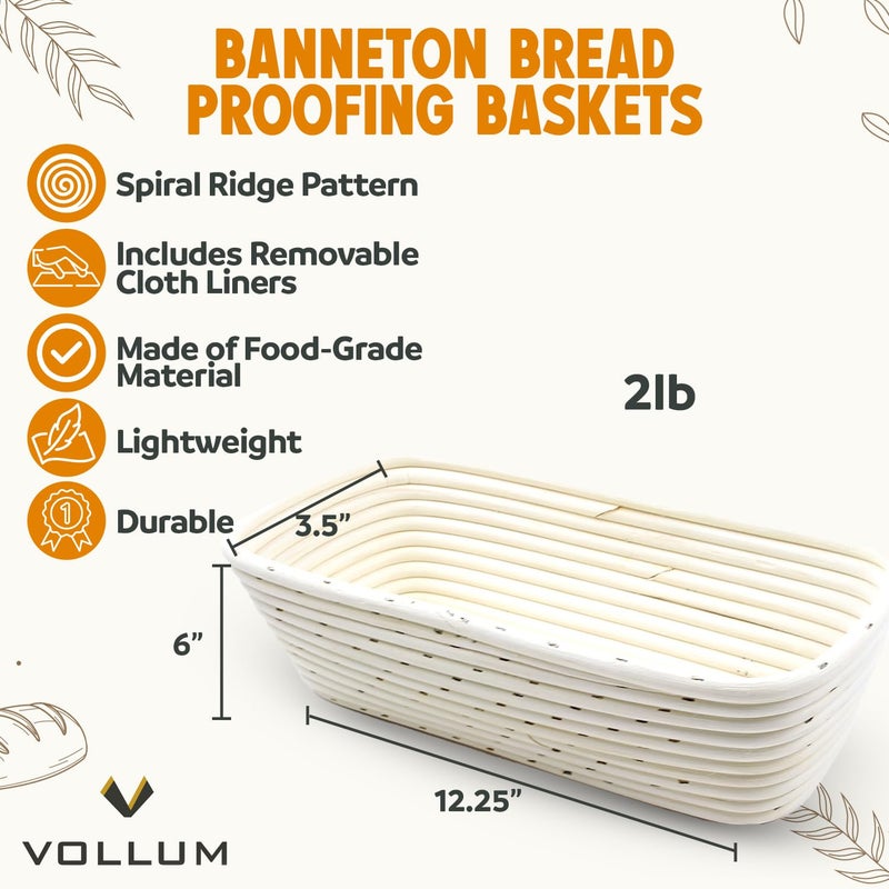 Vollum Banneton Bread Proofing Basket Sourdough Proofing Basket for Beginners & Professional Bakers, Handwoven Rattan Cane Bread Maker with Linen for Artisan Breads, 12.25 x 6 x 3.5 Inch, 2-Lb Rectangular - Image 2